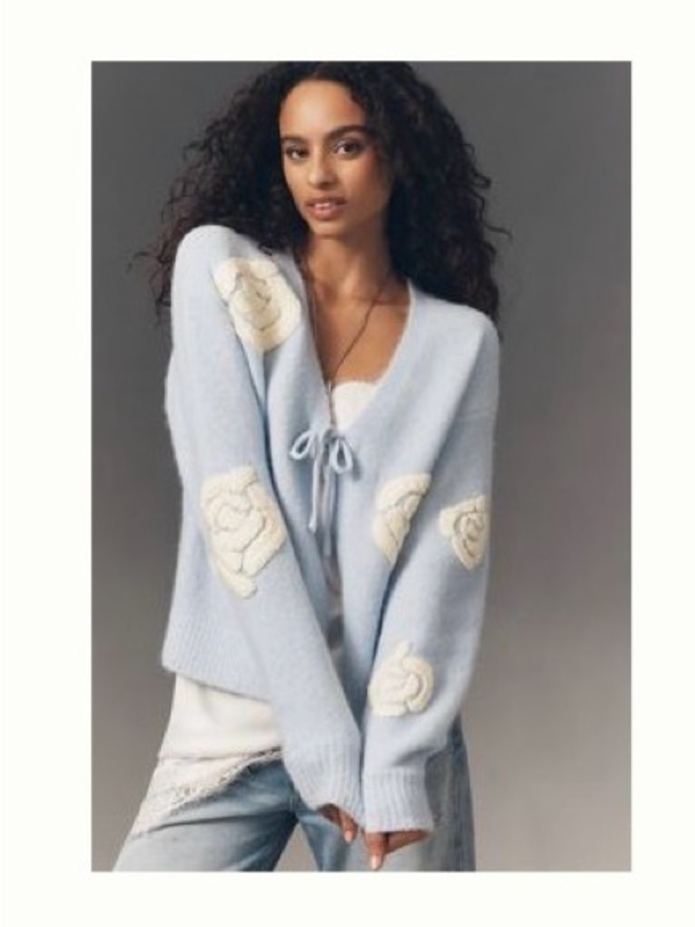 NWOT Anthropologie Light Blue Floral Appliqué Tie-Front Cardigan